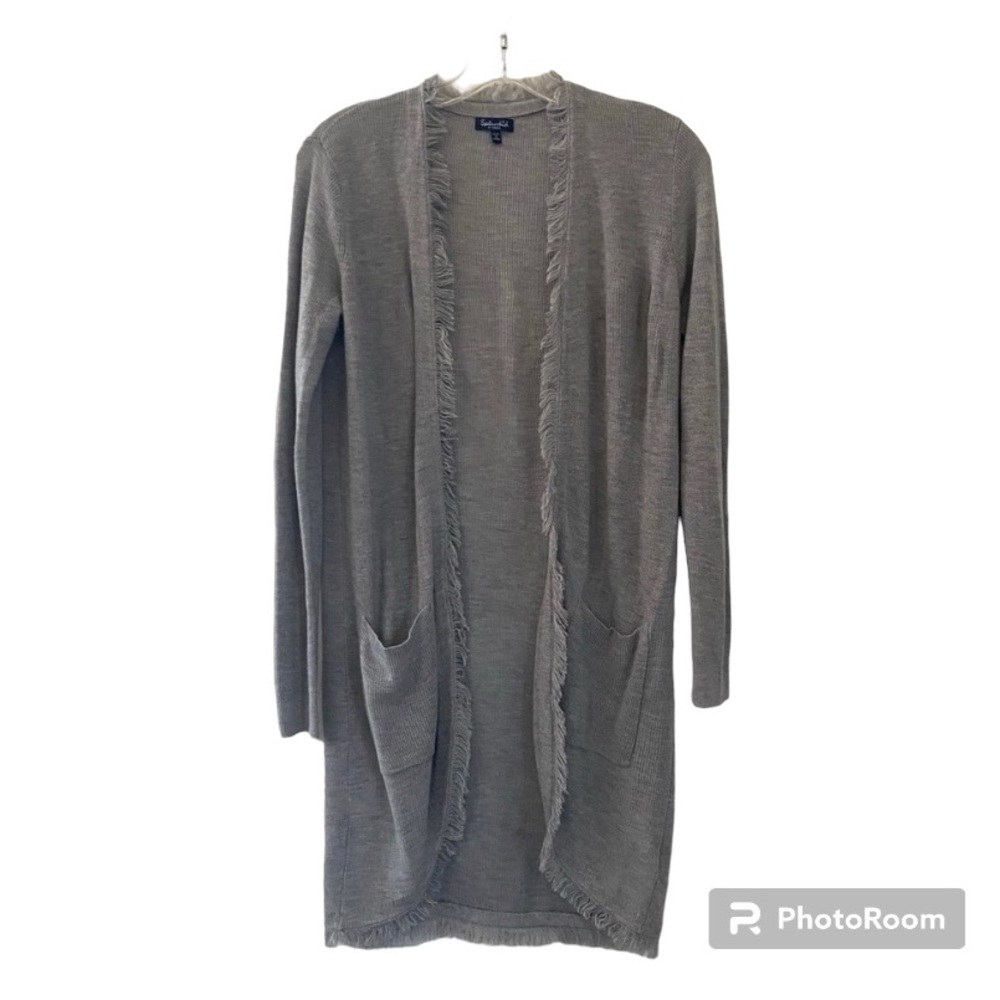 Splendid Long Lightweight Gray Cardigan Sweater With Fringe & Pockets